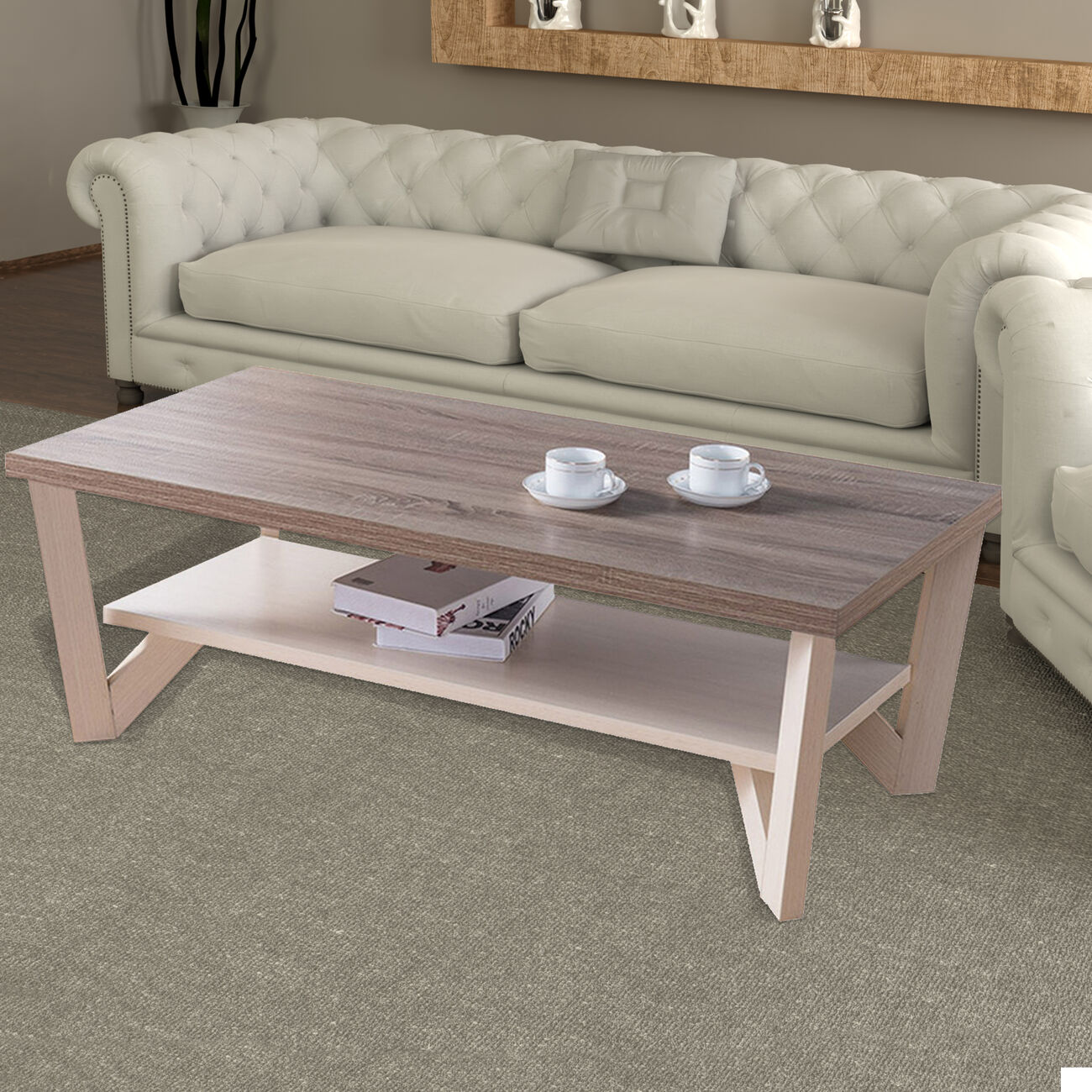 Stylish Center Display Coffee Table, Brown and White