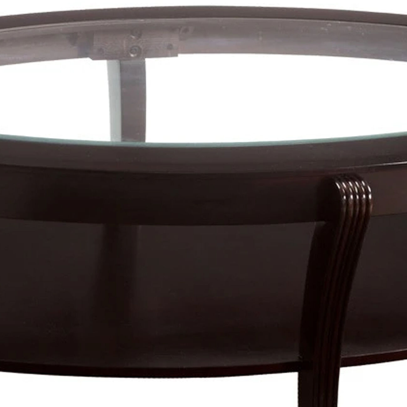 Oval Wooden Cocktail Table with Glass Insert and Open Shelf, Espresso Brown