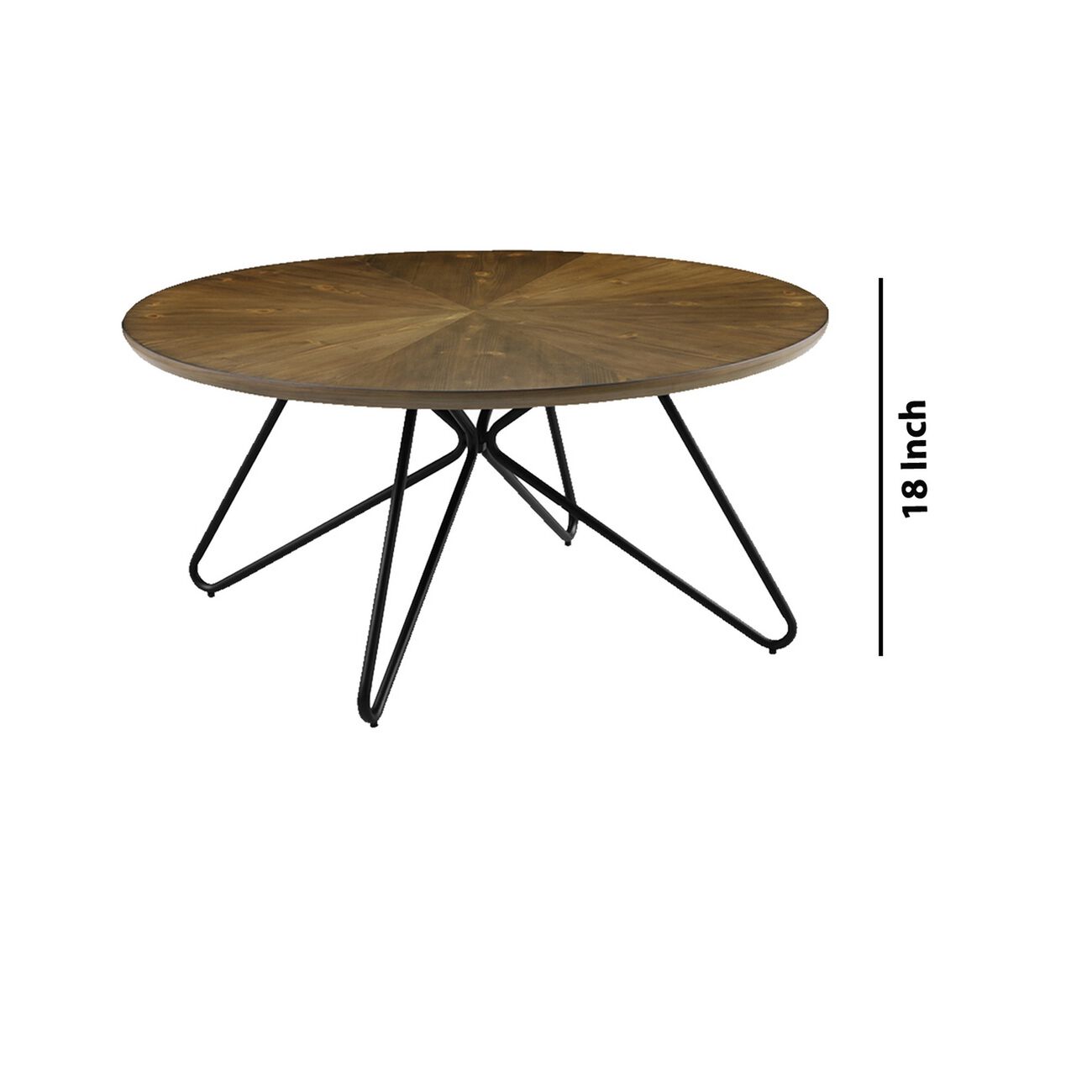 Dual Tone Round Wooden Coffee Table with Metal Hairpin Legs,Brown and Black