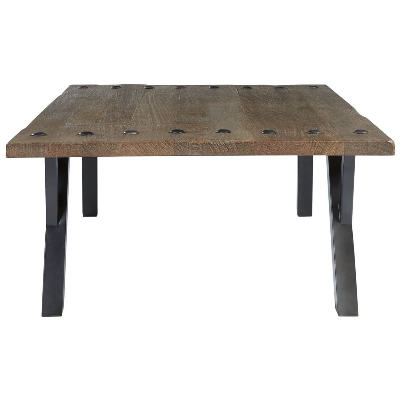 Rectangular Wooden Cocktail Table with Y Shaped Metal Legs, Brown and Black