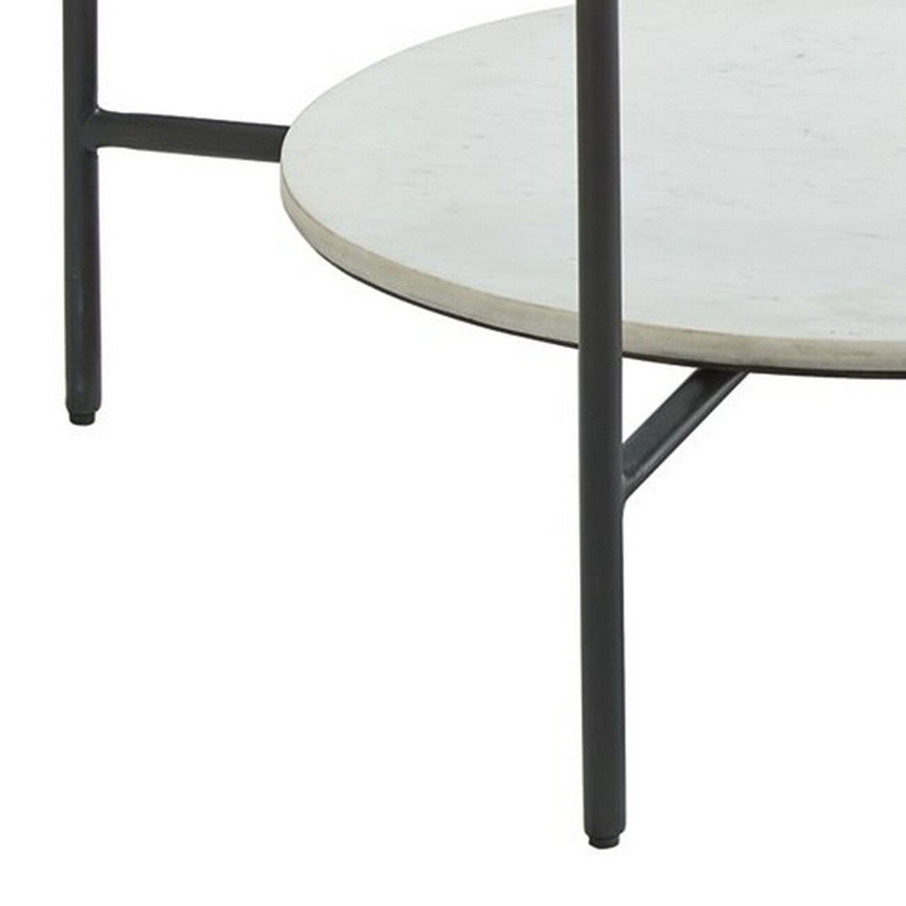 Glass Top Round Cocktail Table with Marble Shelf, Black and White