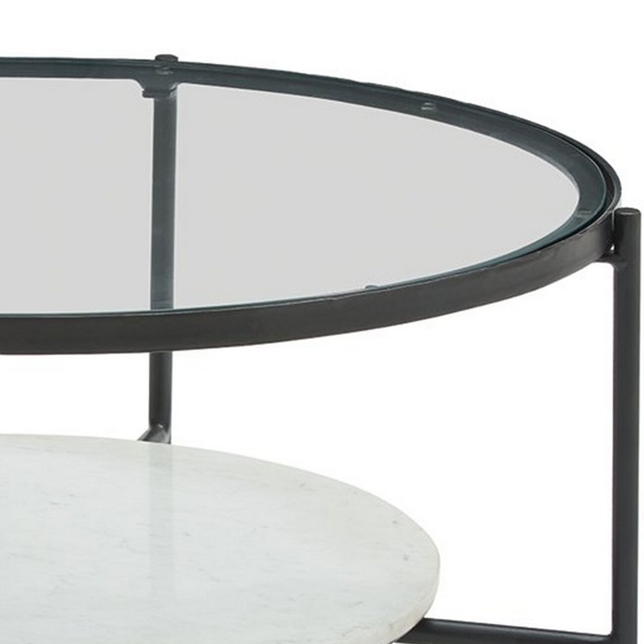 Glass Top Round Cocktail Table with Marble Shelf, Black and White