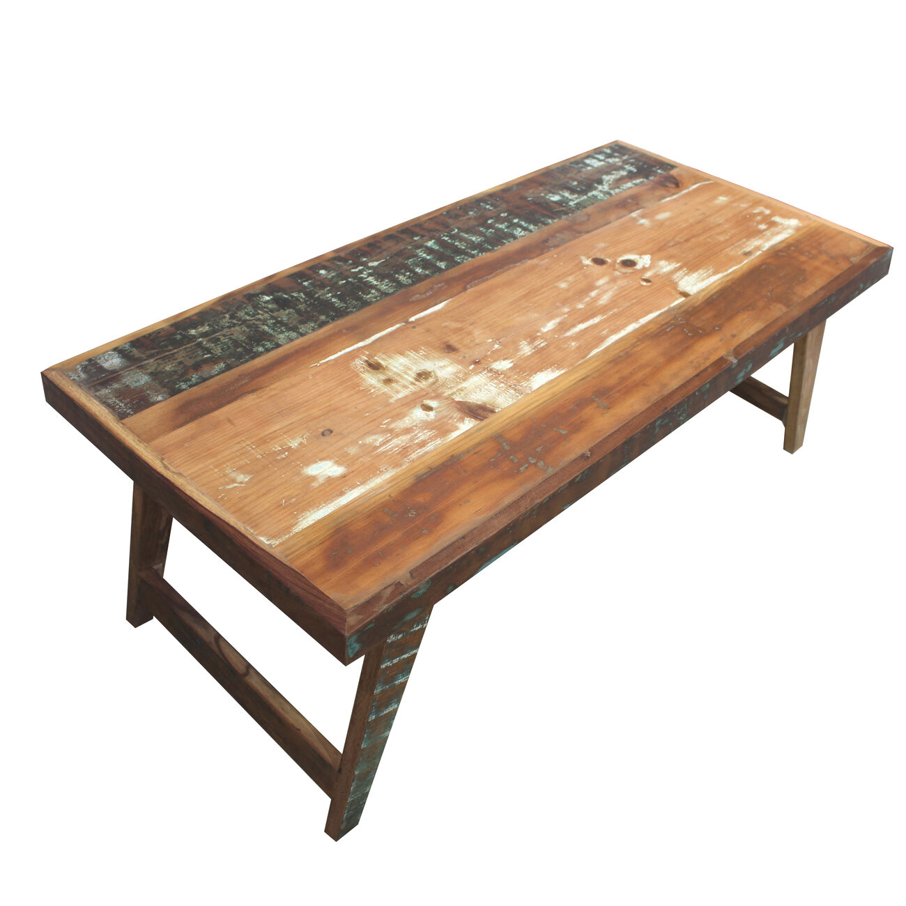 Rectangular Handcrafted Wooden Coffee Table with Slanted Tapered Legs, Distressed Brown
