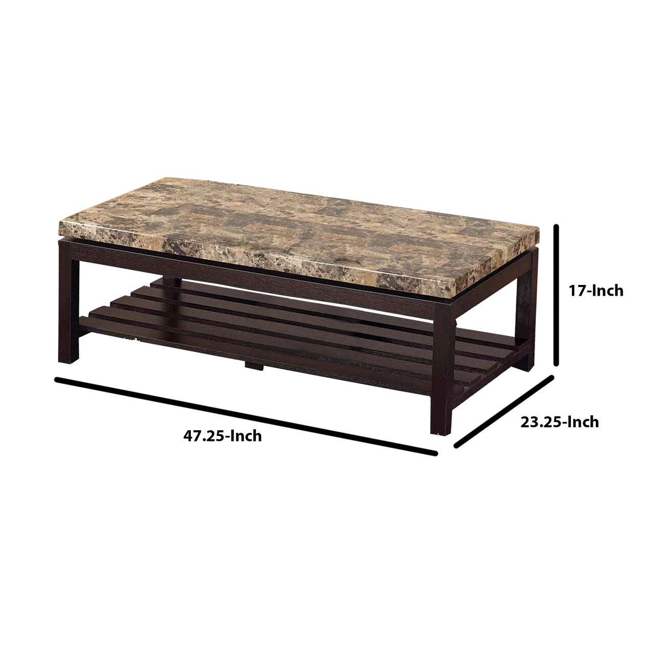 Wooden Coffee Table With Faux Marble Top, Red Cocoa Brown