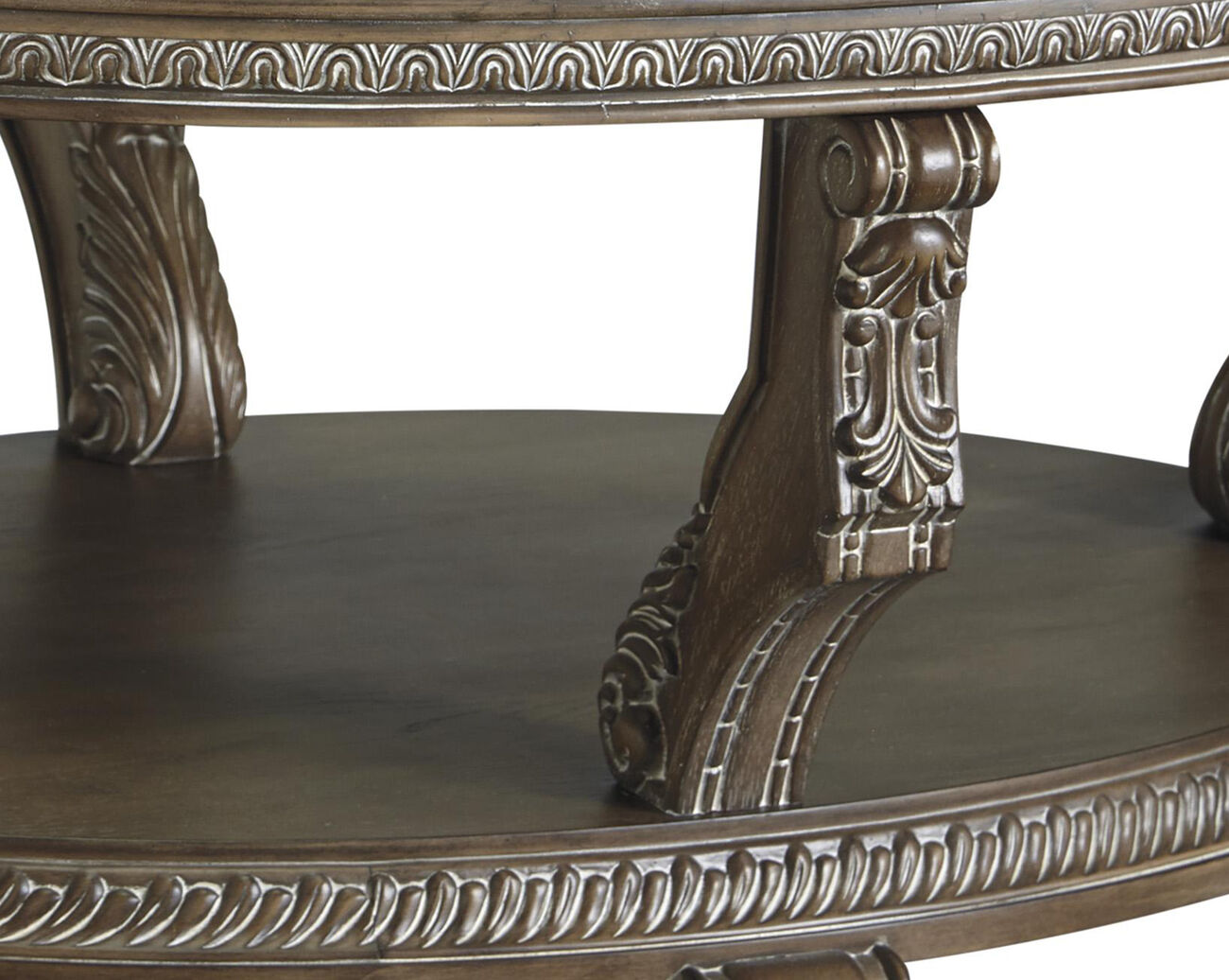 Traditional Oval Cocktail Table with Glass Top and Wooden Carvings, Brown