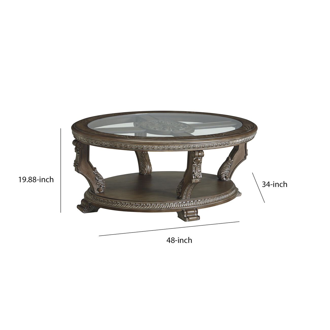 Traditional Oval Cocktail Table with Glass Top and Wooden Carvings, Brown