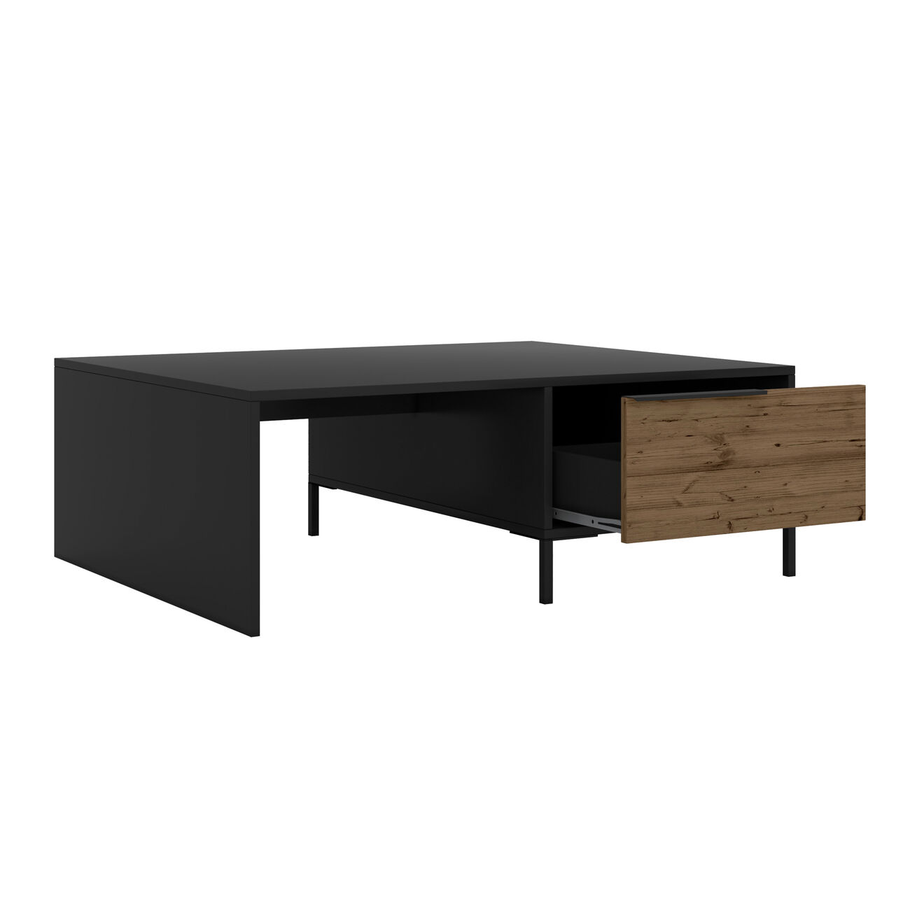 Wood and Metal Rectangular Accent Coffee Table with Drawer, Brown and Black