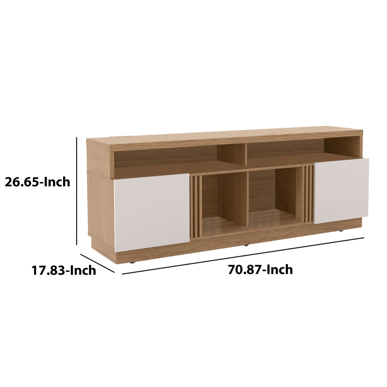 71 Inch Wooden Entertainment TV Stand with 4 Open Shelves, White and Brown