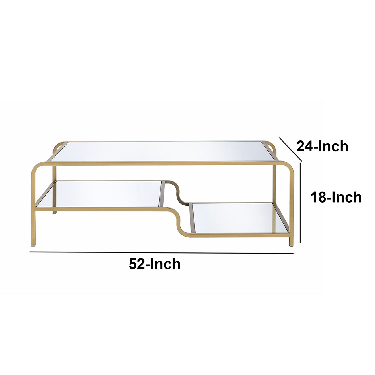 Metal Frame Mirrored Coffee Table with Tiered Shelves, Gold and Silver