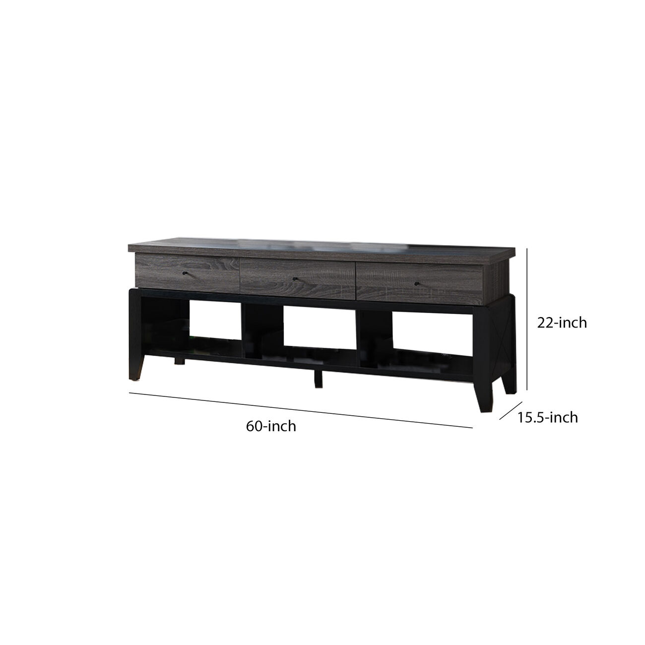 Wooden Frame TV Stand with 3 Drawers and 3 Open Compartments,Gray and Black