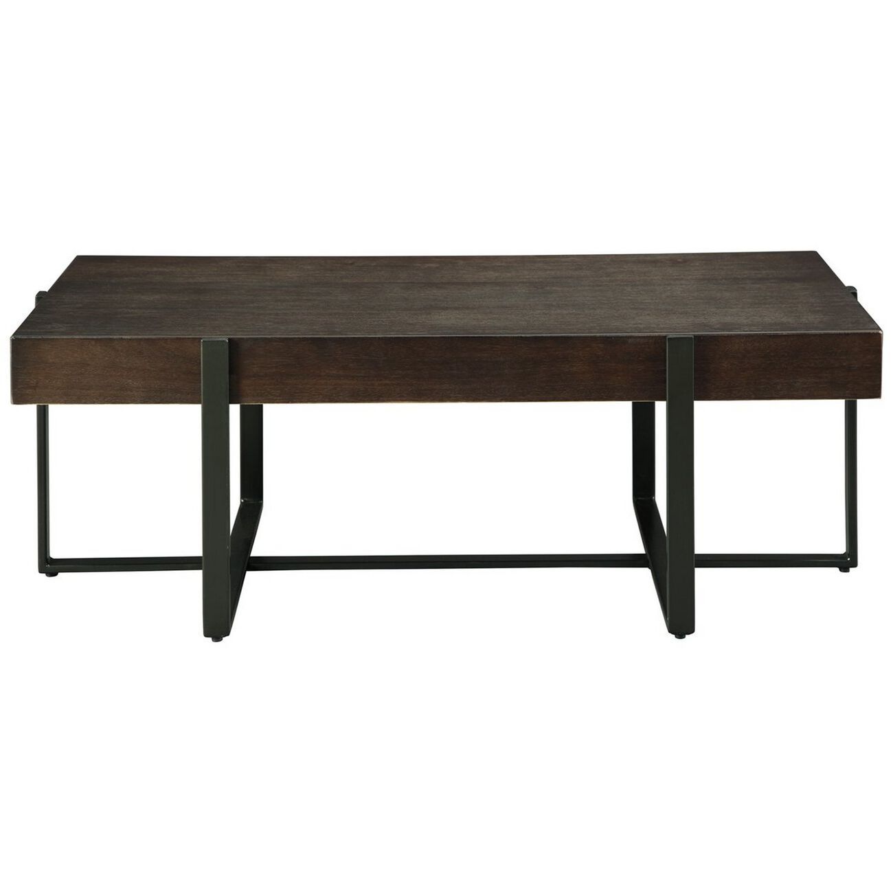 Rectangular Wooden Top Cocktail Table with Metal Base, Brown and Black
