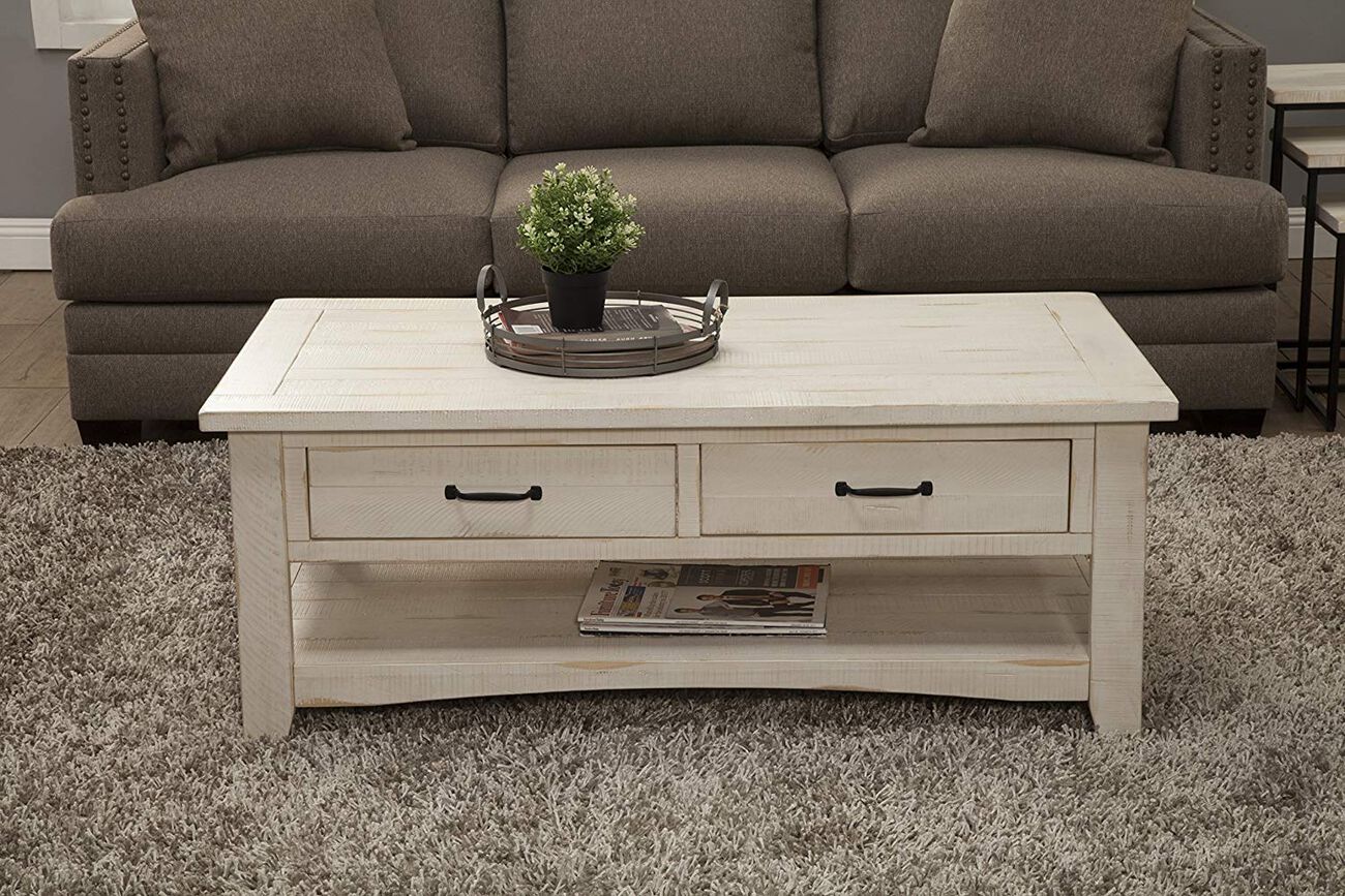 Wooden Coffee Table With Two Drawers, Antique White