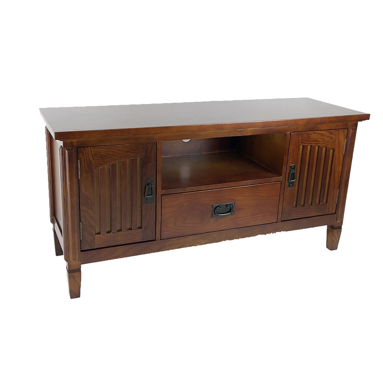 Wooden TV Stand with 2 Door Cabinets and 1 Open Shelf, Brown