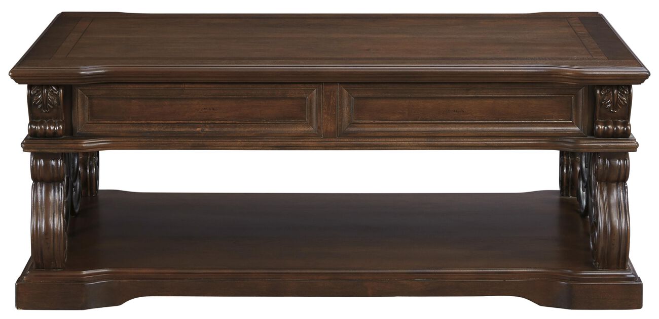 2 Drawer Scroll Lift Top Cocktail Table with Open Bottom Shelf, Brown