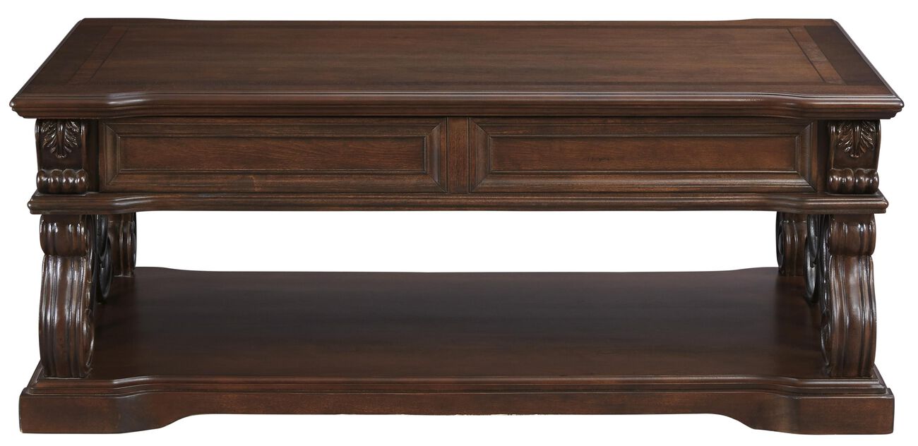 2 Drawer Scroll Lift Top Cocktail Table with Open Bottom Shelf, Brown