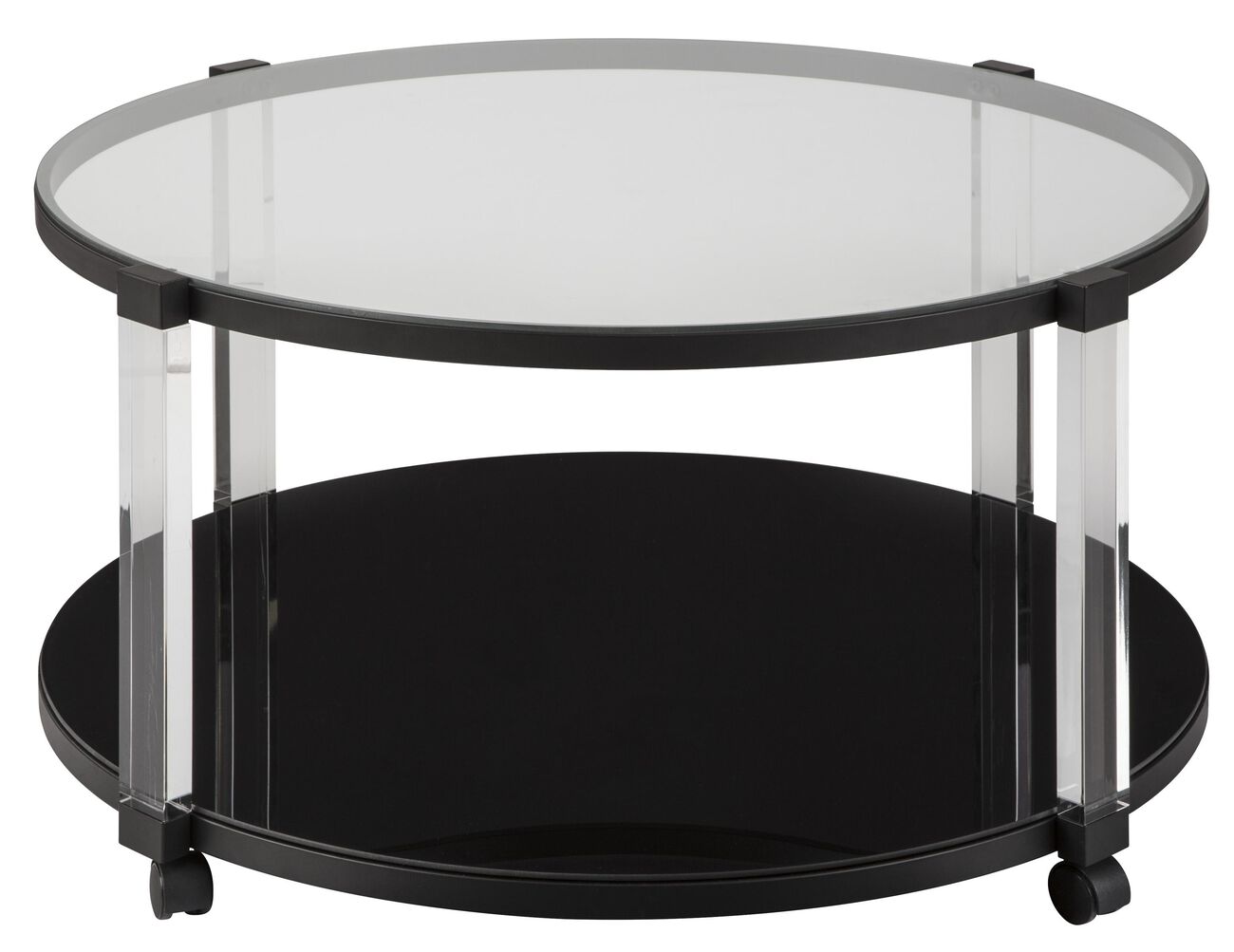 Round Tempered Glass Top Cocktail Table with Open Shelf, Black and Clear