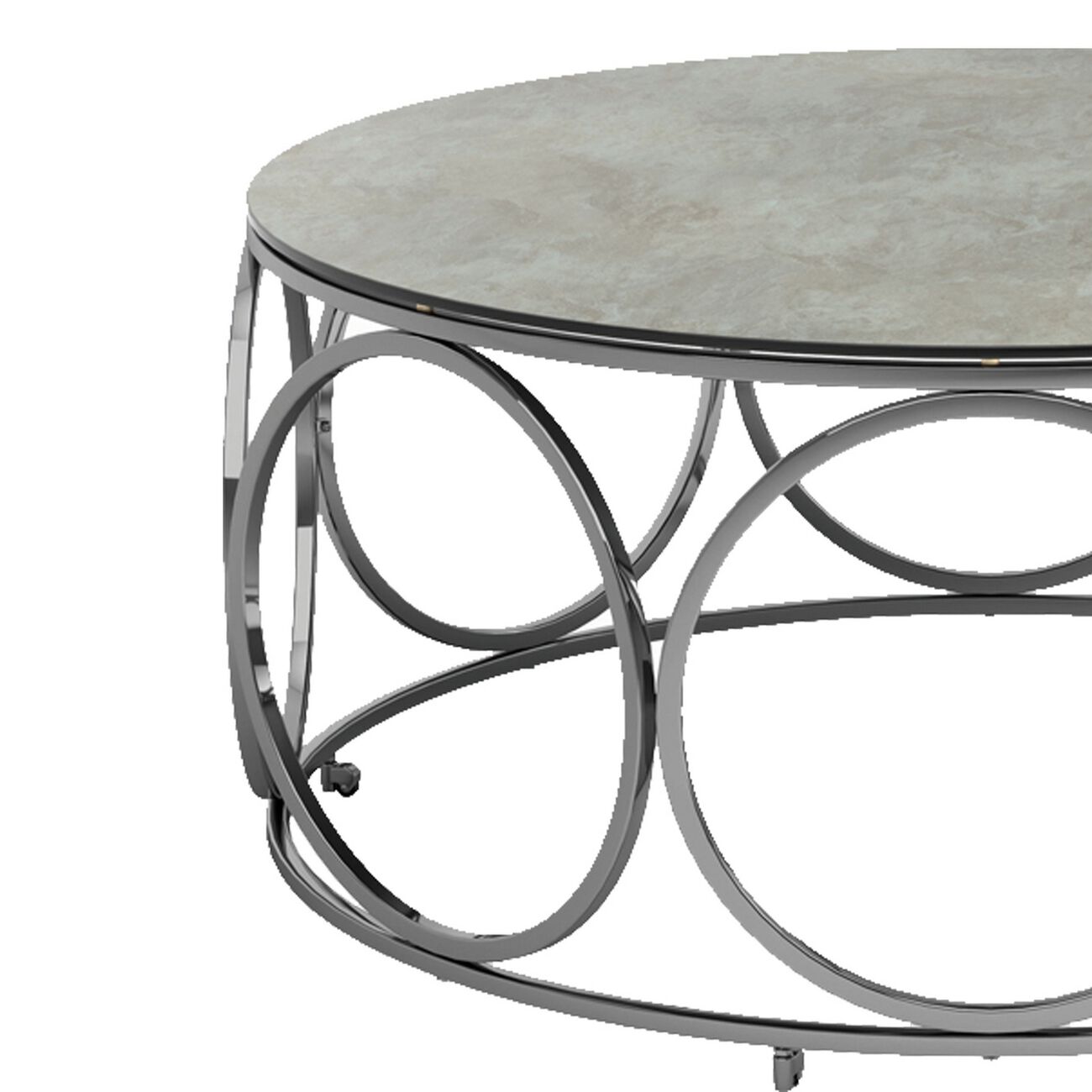 Round Glass Top Coffee Table with Circular Lattice Metal Body, Silver