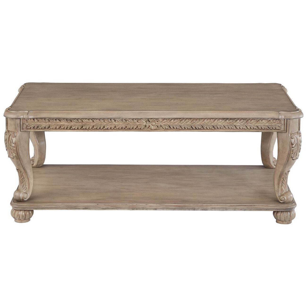 Wooden Rectangular Coffee Table with Engravings and Bottom Shelf, Brown