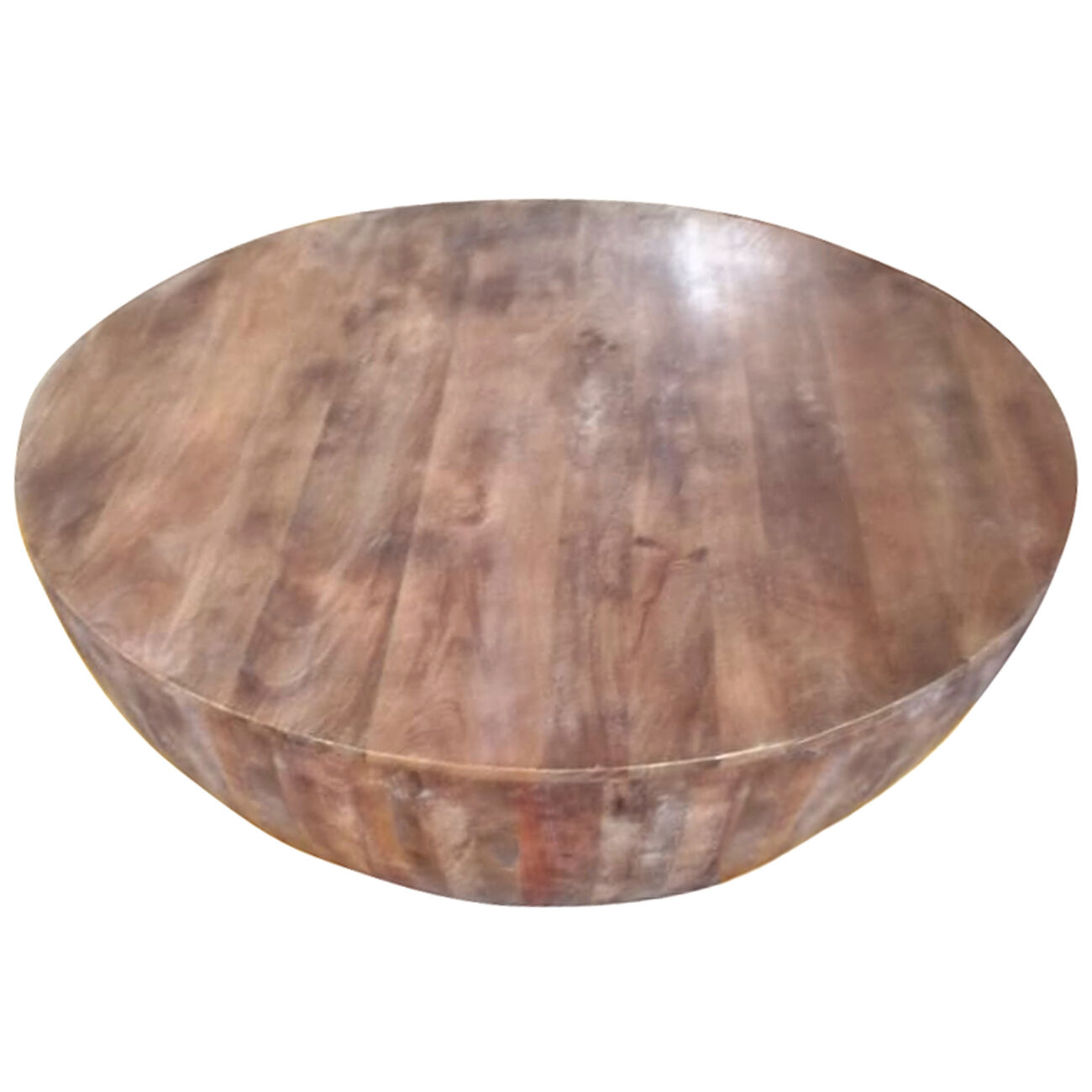 Handcarved Drum Shape Round Top Mango Wood Distressed Wooden Coffee Table, Brown