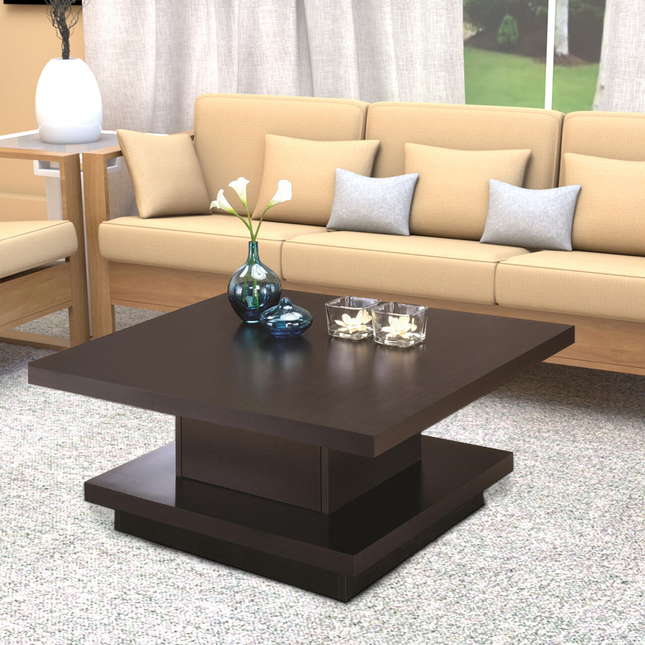 Contemporary Coffee Table With Storage Pedestal Base, Cappuccino Brown