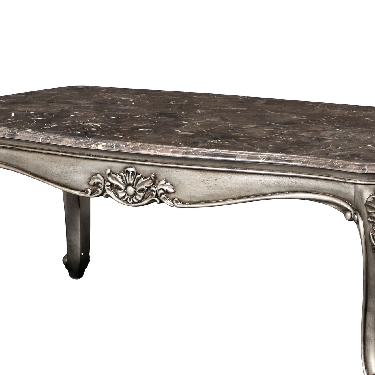 Wooden Cocktail Table with Marble Top and Carved Details, Gray