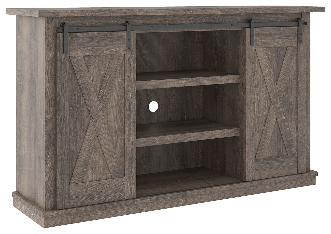 Wooden TV Stand with 2 Cross Barn Sliding Doors, Medium, Taupe Brown