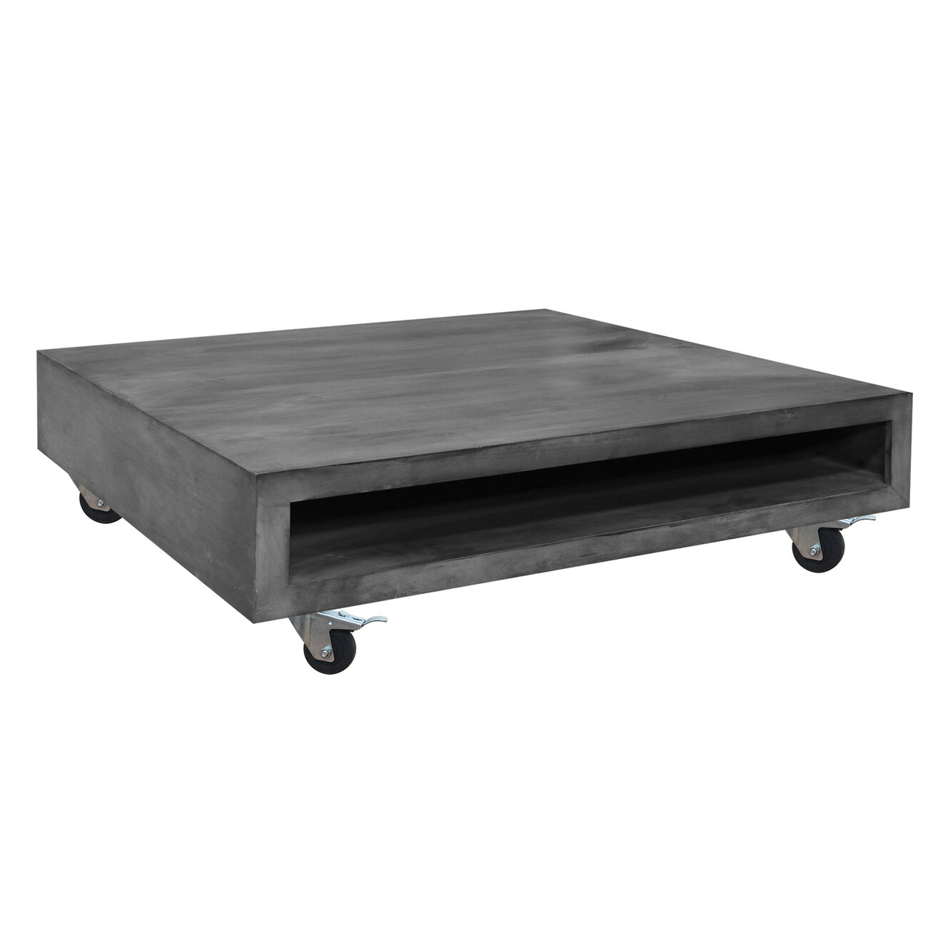 Square Mango Wood Coffee Table with Casters and Open Storage Compartment, Grey
