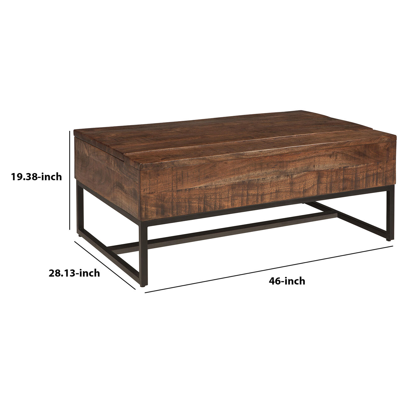 Wooden Plank Style Lift Top Cocktail Table with Metal Base, Brown