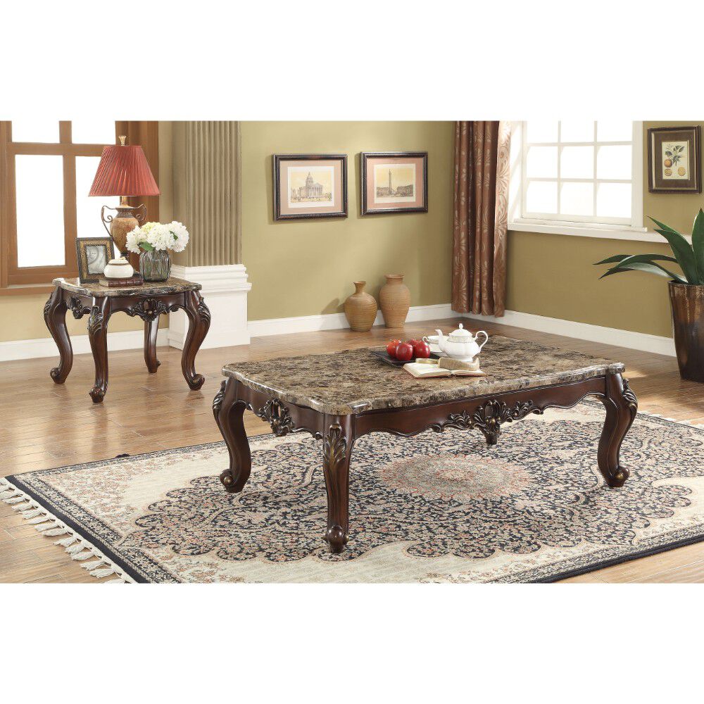Traditional Style Rectangular Wood and Marble Coffee Table, Walnut Brown