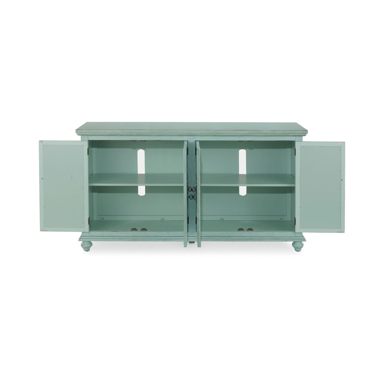 Trellis Front Wood and Glass TV stand with Cabinet Storage, Mint Green