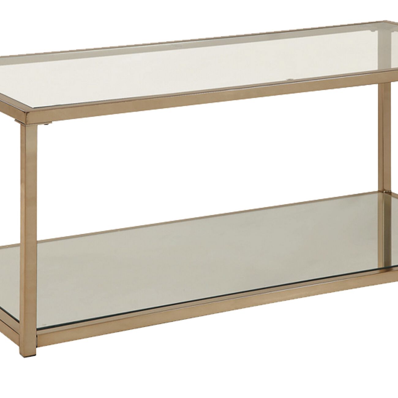 Glass Top Coffee Table with Metal Frame and Open Shelf, Brass