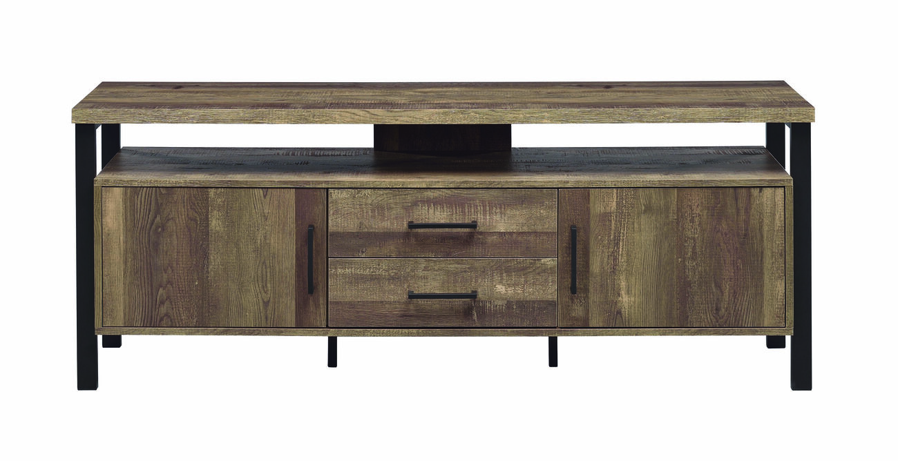 Industrial Design 58 Inch Wooden TV Console with Metal Legs and Open Shelf Storage, Brown
