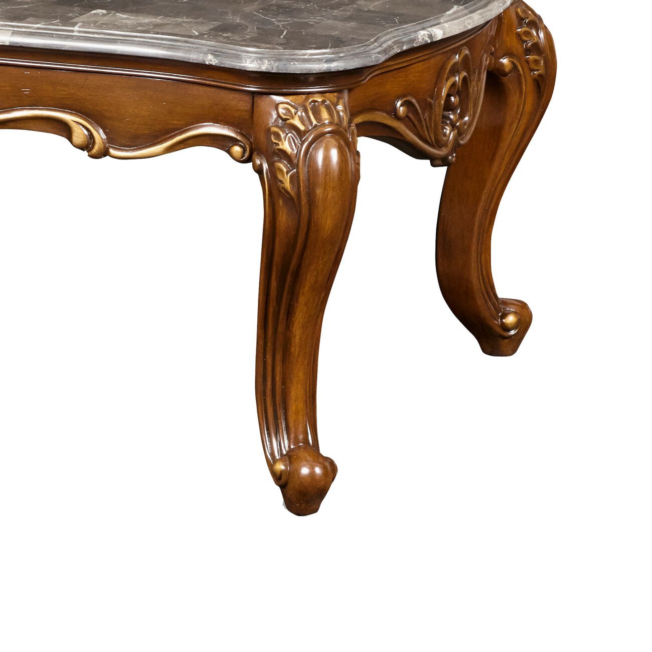 Wooden Cocktail Table with Marble Top and Carved Details, Gray and Brown