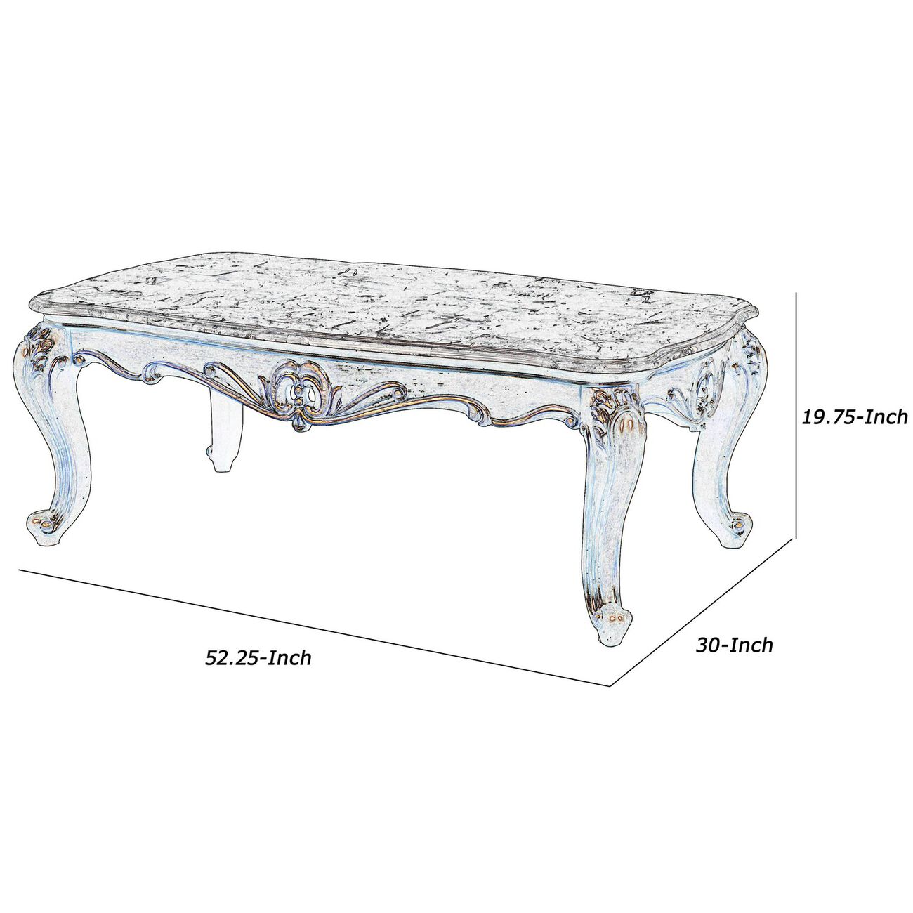 Wooden Cocktail Table with Marble Top and Carved Details, Gray and Brown