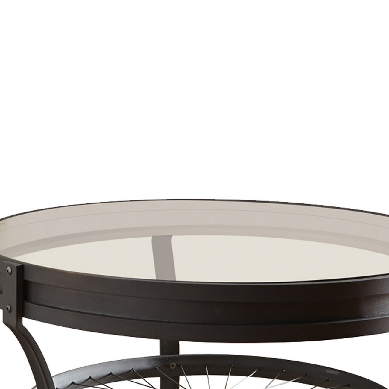 Glass Top Metal Coffee Table with Bike Spokes Design Bottom,Black and Clear