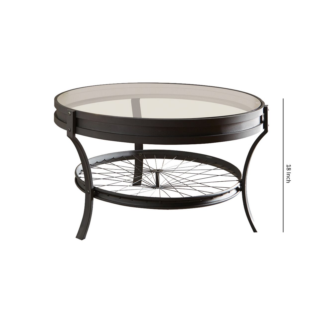 Glass Top Metal Coffee Table with Bike Spokes Design Bottom,Black and Clear