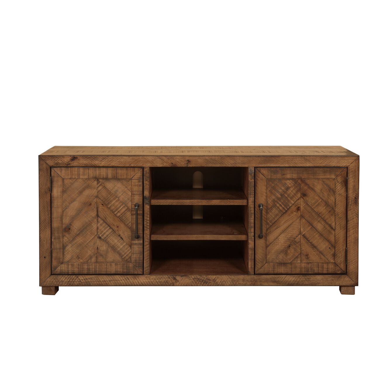65 Inch Industrial Wooden TV Stand with Block Legs, Brown