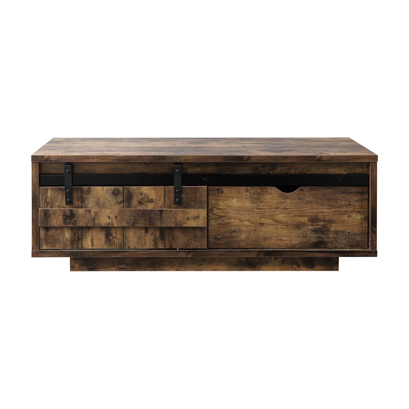Sliding Barn Door Wooden Coffee Table with Rough Hewn Saw Texture, Brown
