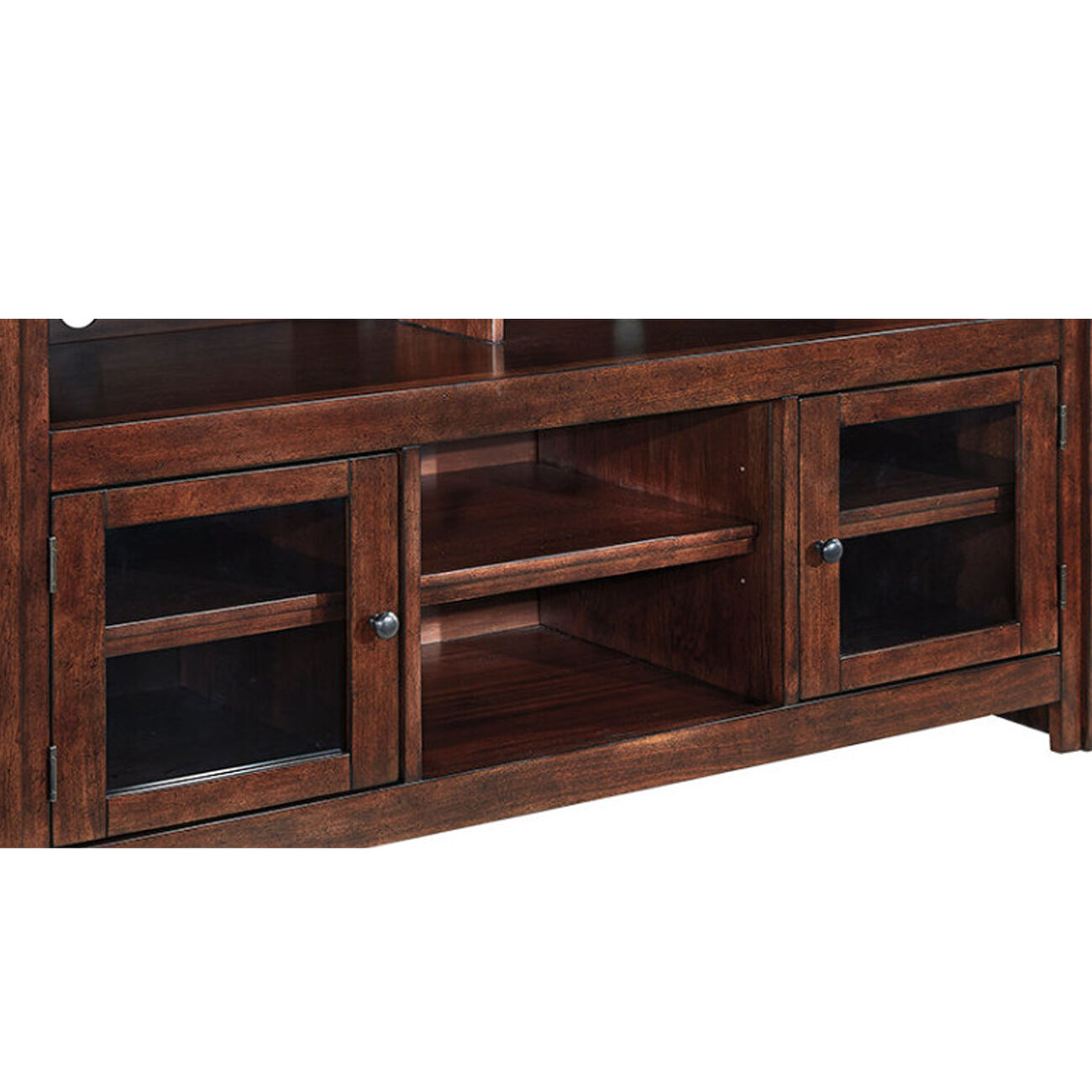 Wooden TV Stand with Two Glass Inserted Door Cabinets and Open Shelves, Large, Brown