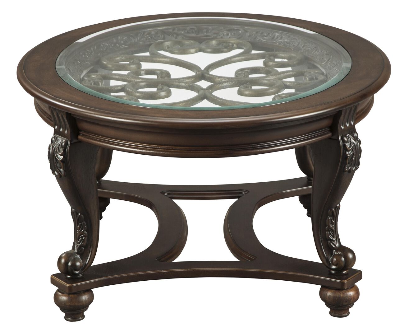 Traditional Wooden Oval Cocktail Table with Glass Top and Bun Feet, Brown