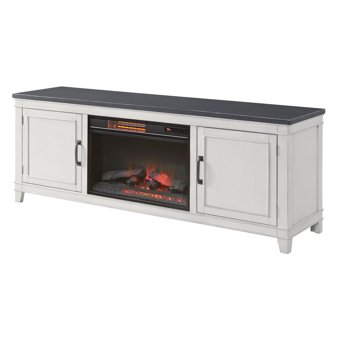 70 Inch Wooden TV Stand with Electric Fireplace, Gray and Antique White