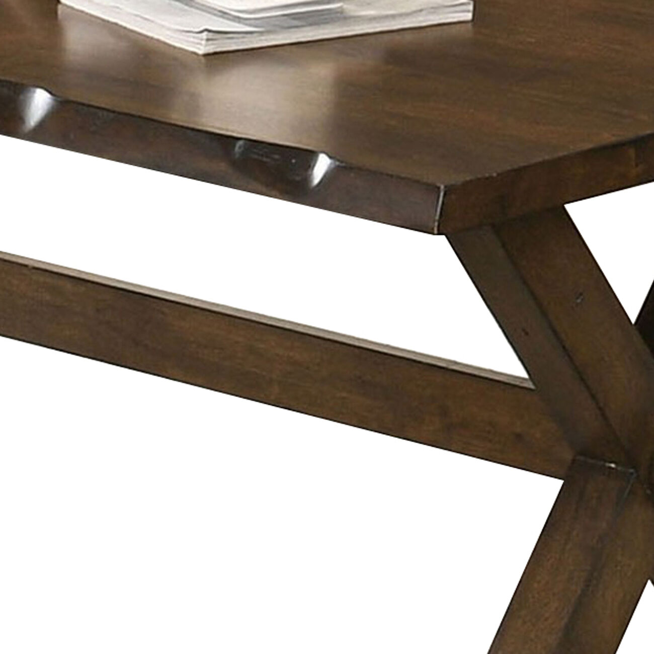 Wooden Coffee Table with Rough Edges and X Shaped Legs, Brown