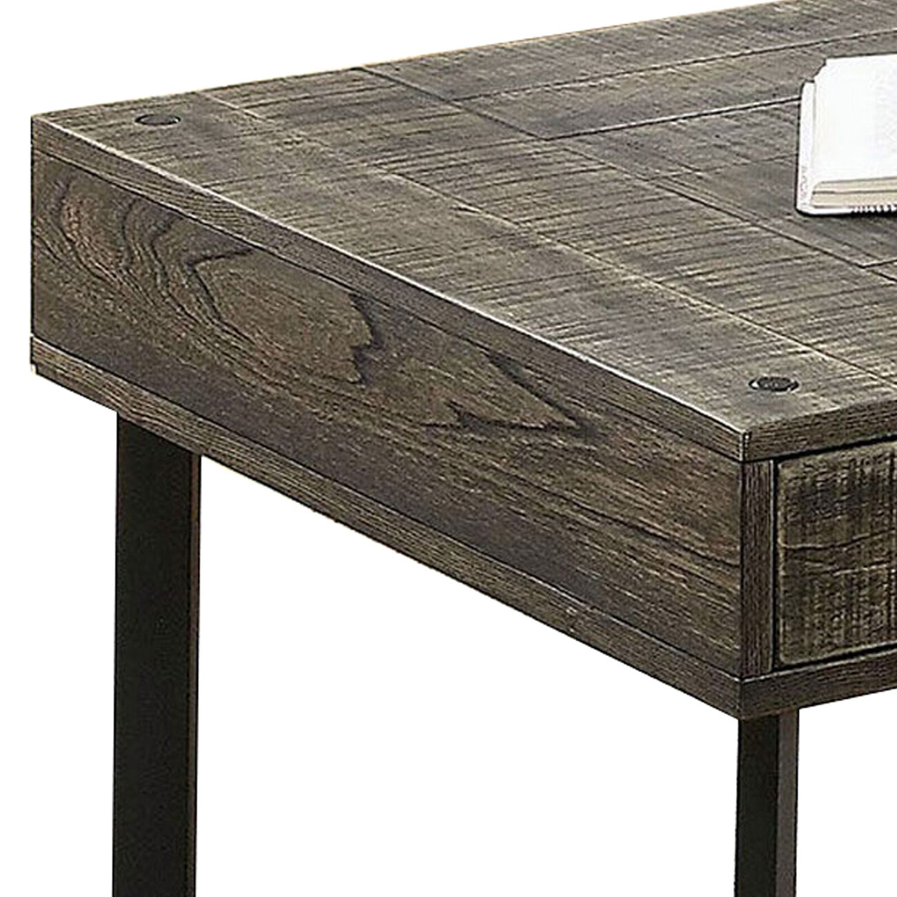 Wire Brushed Design Wooden Coffee Table with 2 Drawers, Gray and Black
