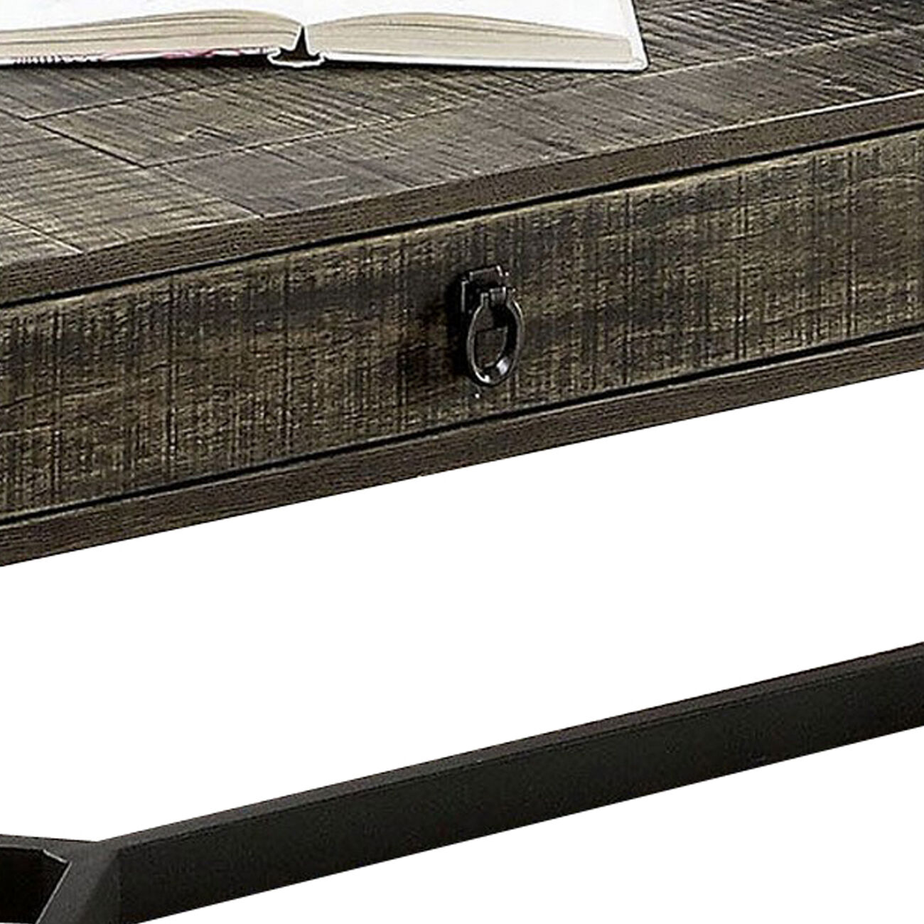 Wire Brushed Design Wooden Coffee Table with 2 Drawers, Gray and Black