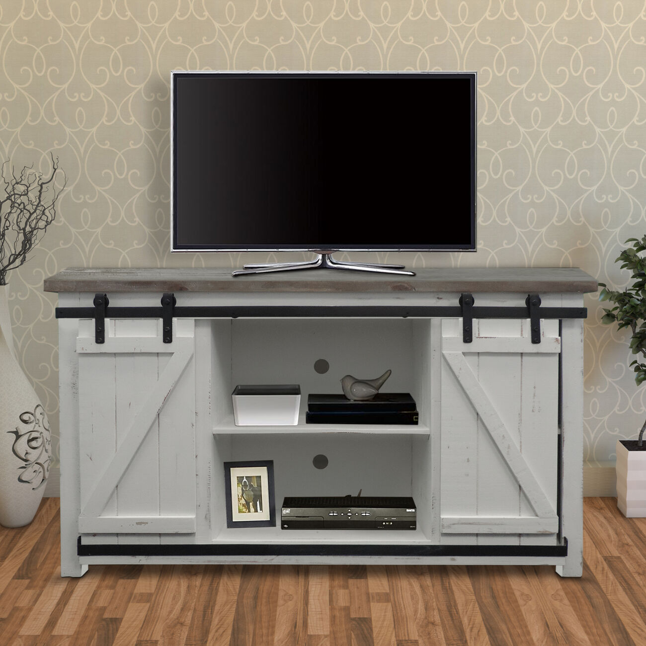 69 Inch Wooden Media Console with Barn Style Sliding Door, Brown and White