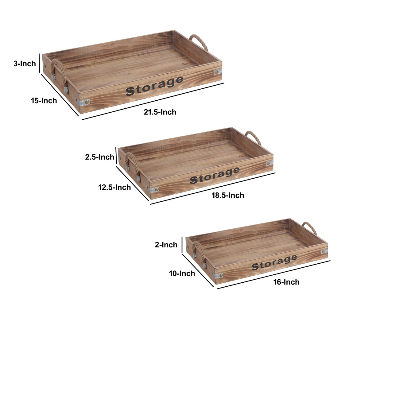 Farmhouse Style Wooden Trays with Rope Handles, Set of 3, Brown