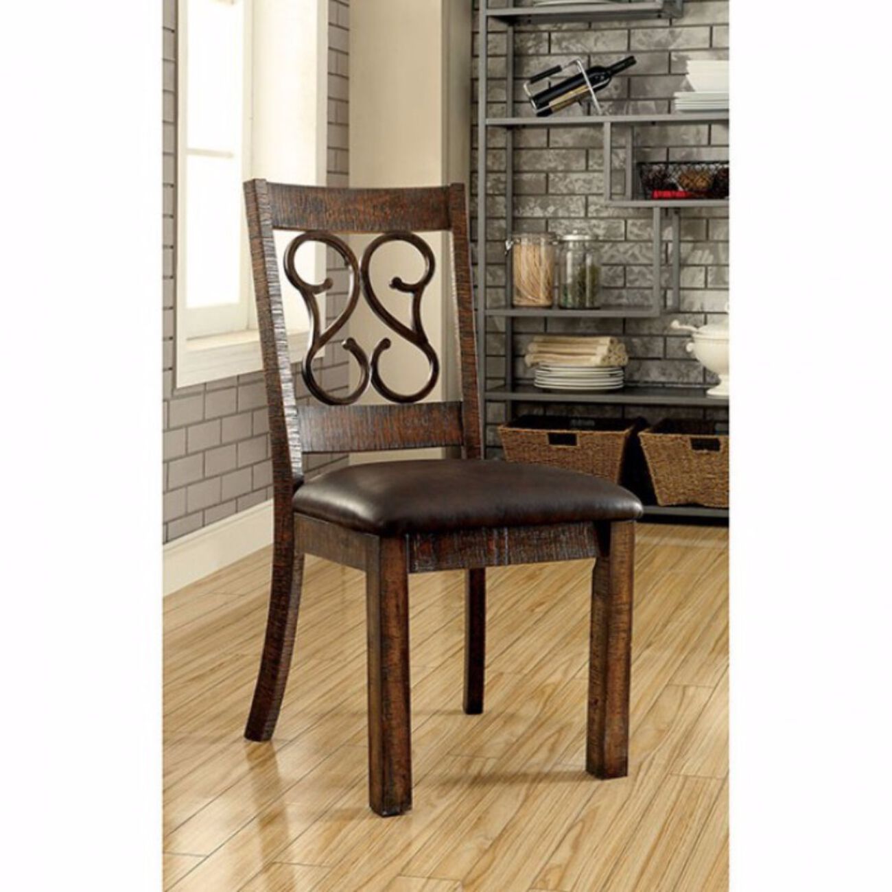 Wooden Armless Side Chair With Leather Seat, Rustic Walnut Brown, Pack of 2
