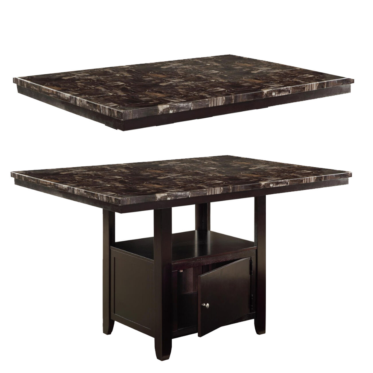 Faux Marble Top Counter Height Table With Bottom Compartment, Brown
