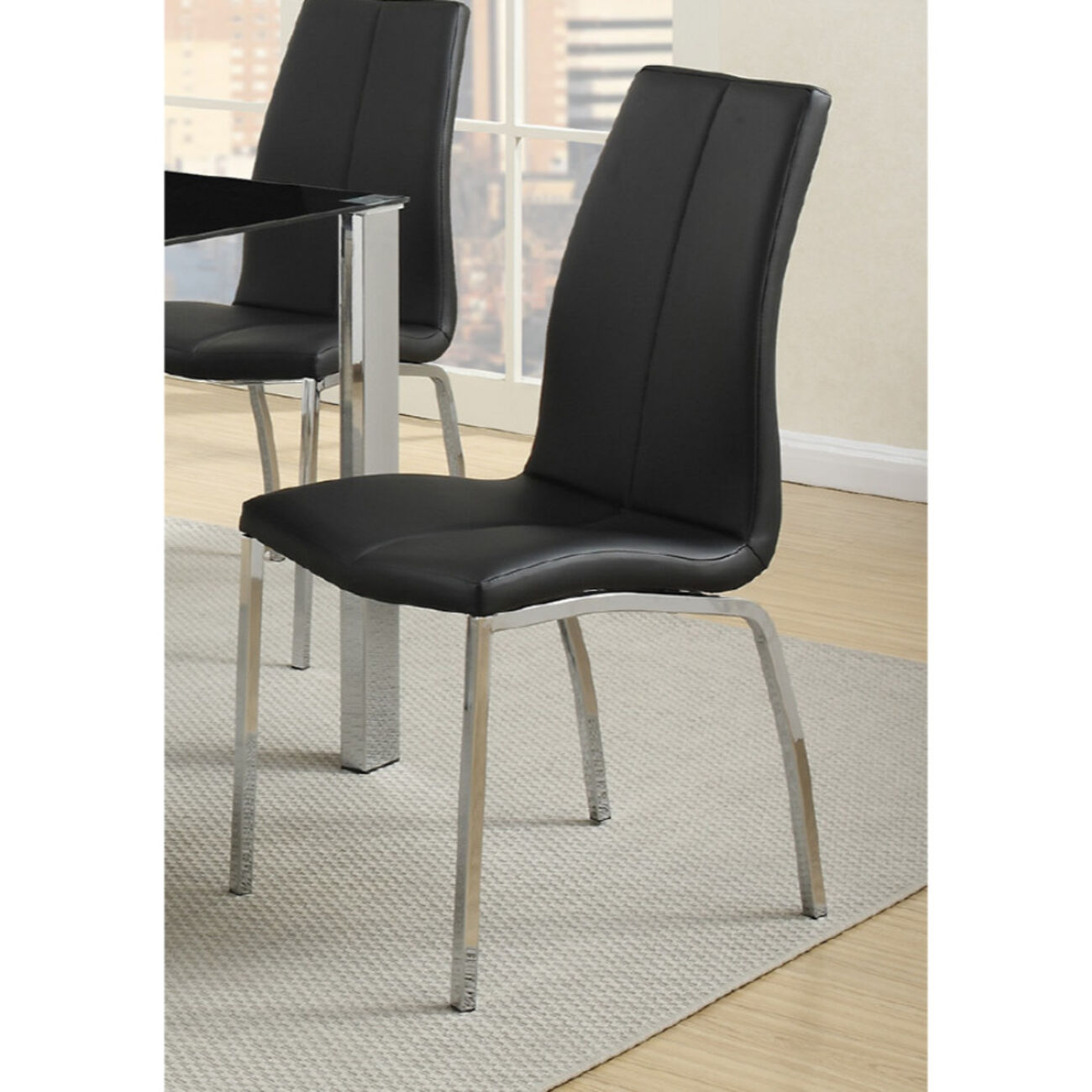 Contemporary Faux Leather Upholstery Dining Chair, Set Of 4, Black And Chrome