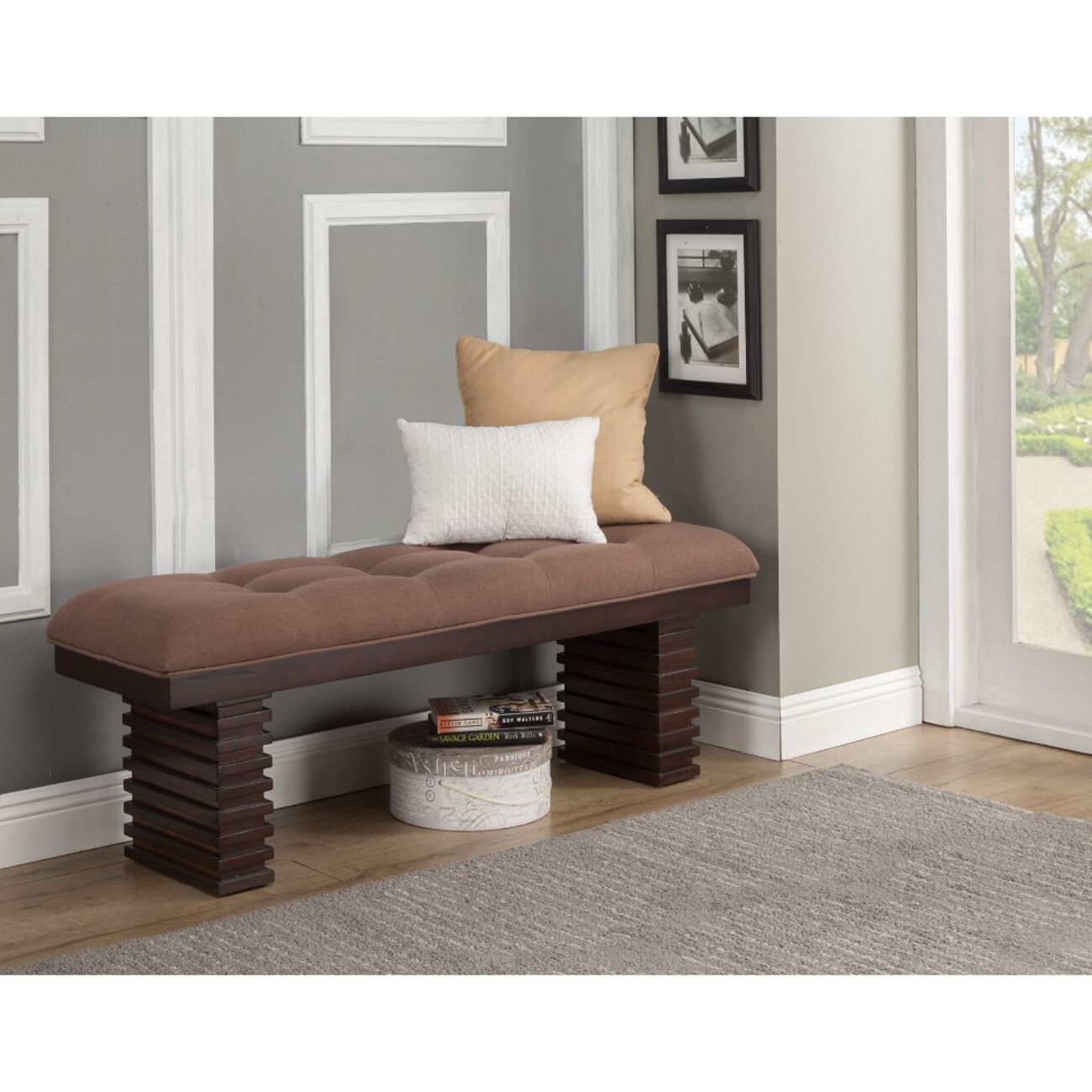Wooden Dining Bench With Tufted Upholstery Brown